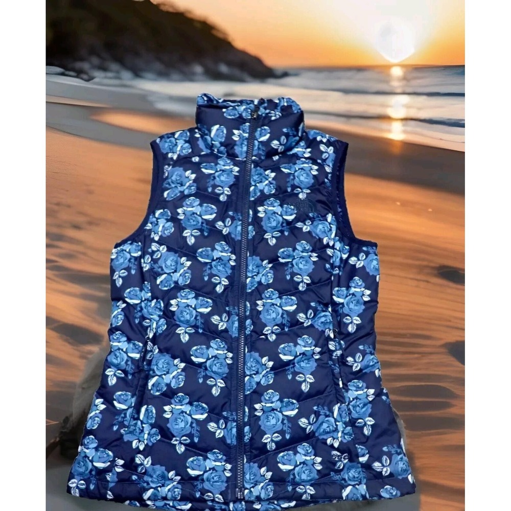 The North Face Aconcagua Vest Womens XS Blue Floral Excellent 550 Down Puffer